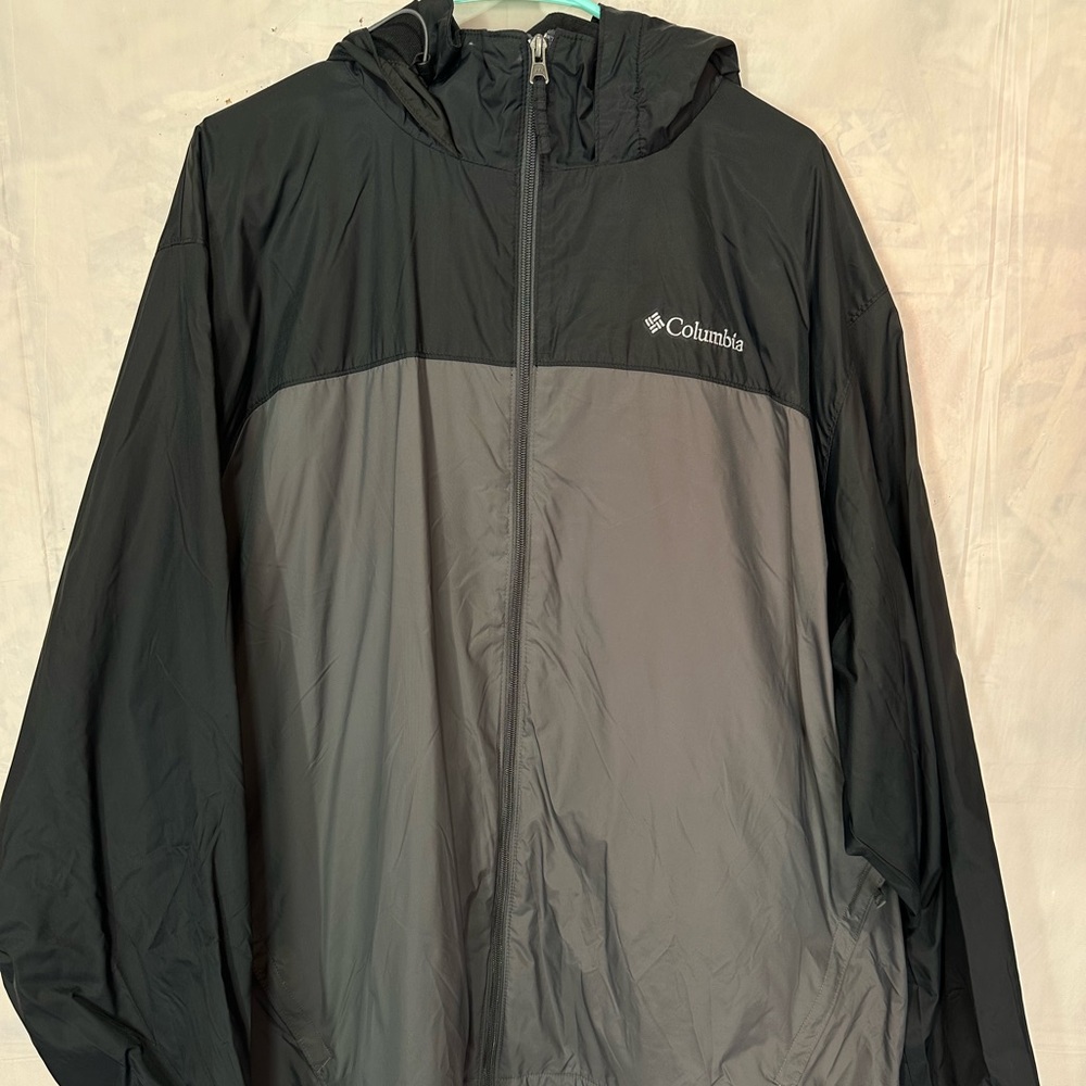Columbia Hooded Windbreaker Jacket Men's Size XXL Full Zip Black & Gray Packable